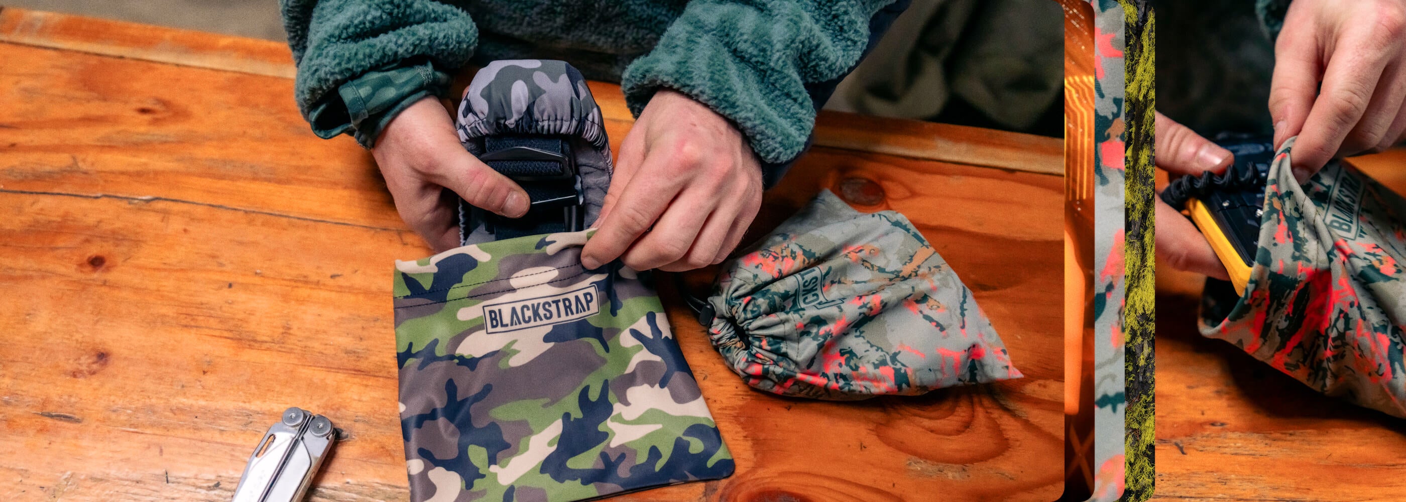 BlackStrap stuff sack being shown by putting in gogle covers into the sack.