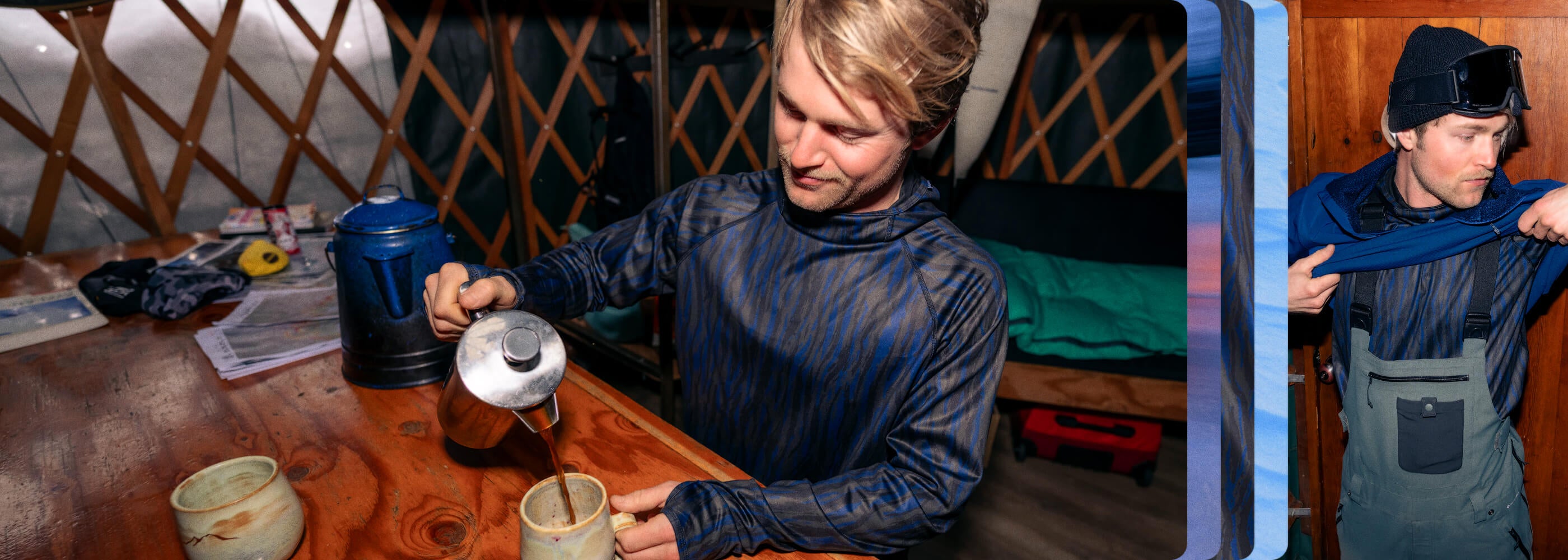Man pouring coffee from a thermus into his coffee mug preparing for a hard day of work in the powder.
