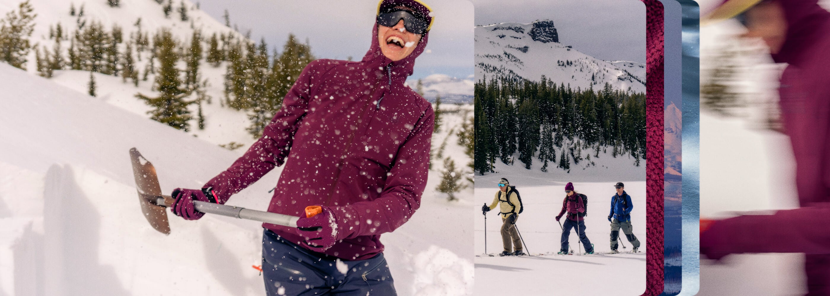Women shoveling snow and throwing it in the air for fun.