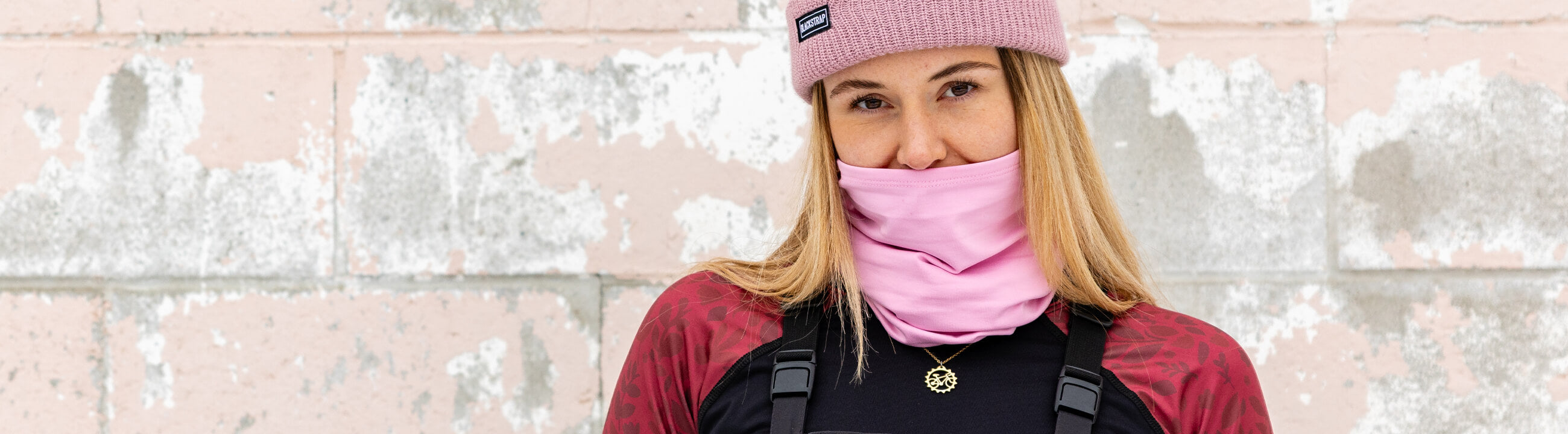 Blackstrap Pink Neck Gaiter paired with a Skyliner Base layer