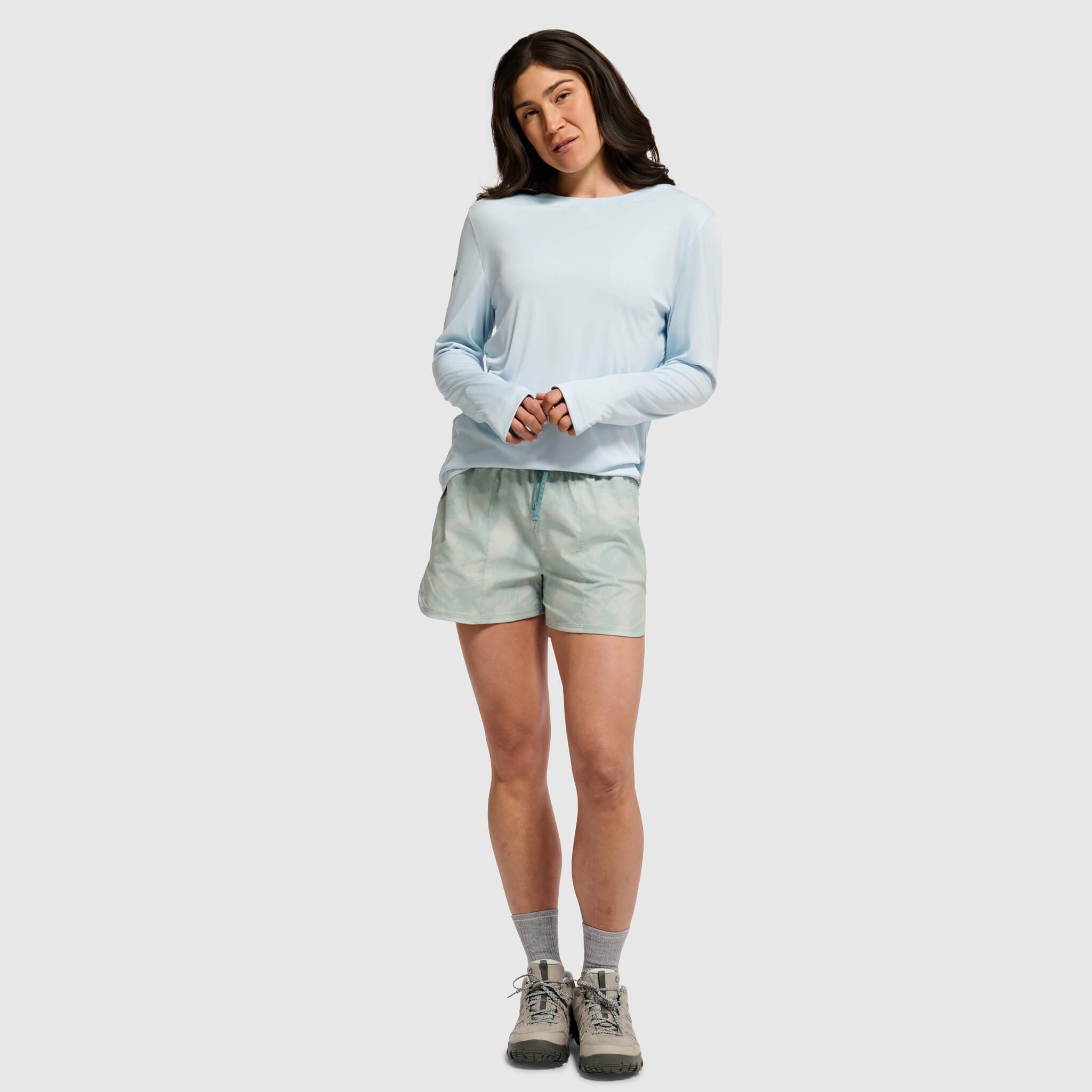 BlackStrap Women's Evap Short paired with the Brackish crewneck sun shirt #color_slash spruce