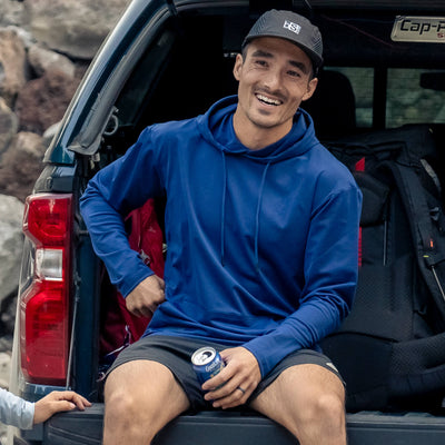 Men's Aspect Hoodie shown as a relaxing hoodie to wear on the trails or out on the town