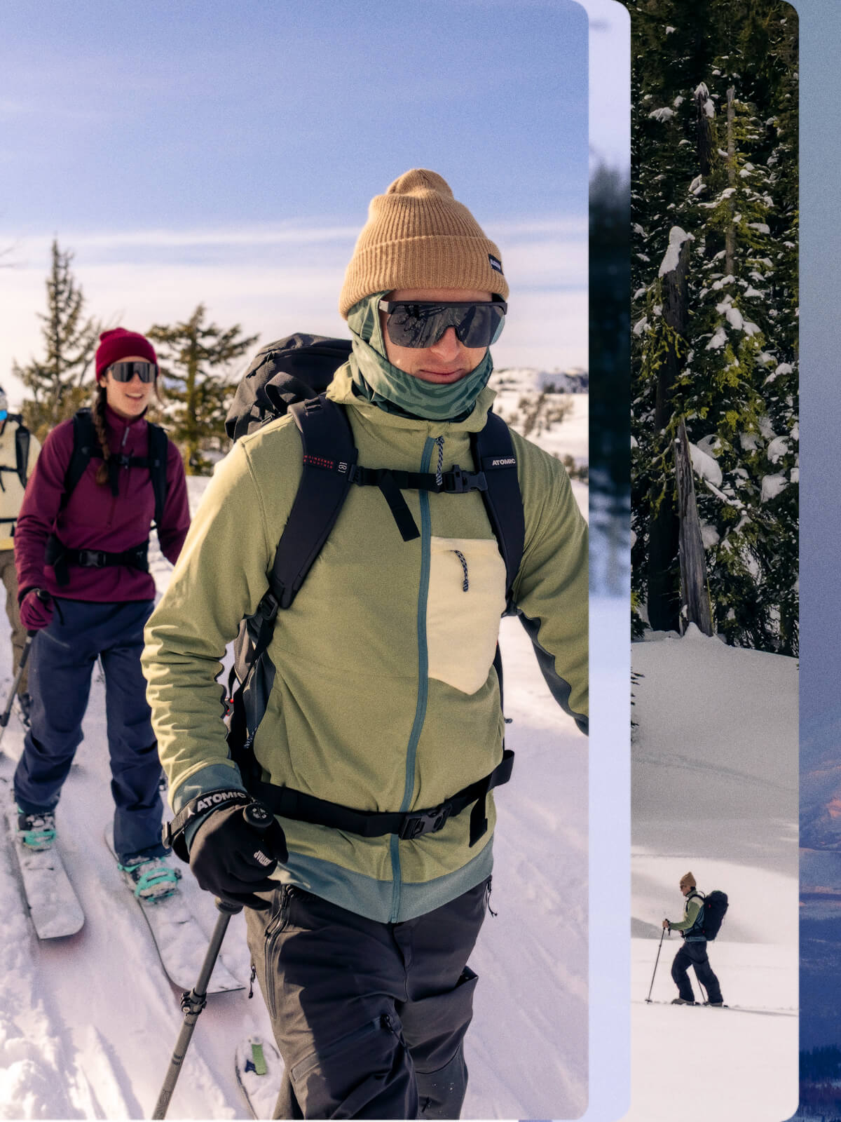 Two friends on a cross country adventure on their ski's wearing their BlackStrap Mid Layers
