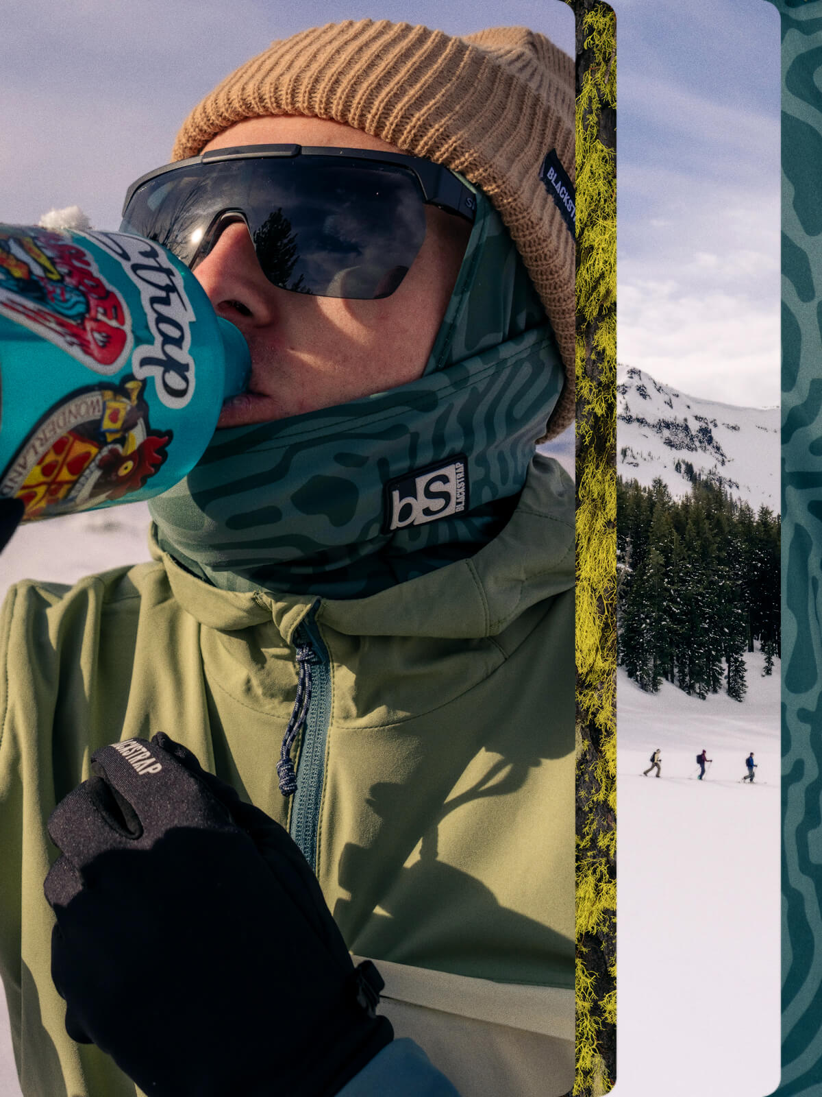 Man wearing blackstrap ski mask while drinking water
