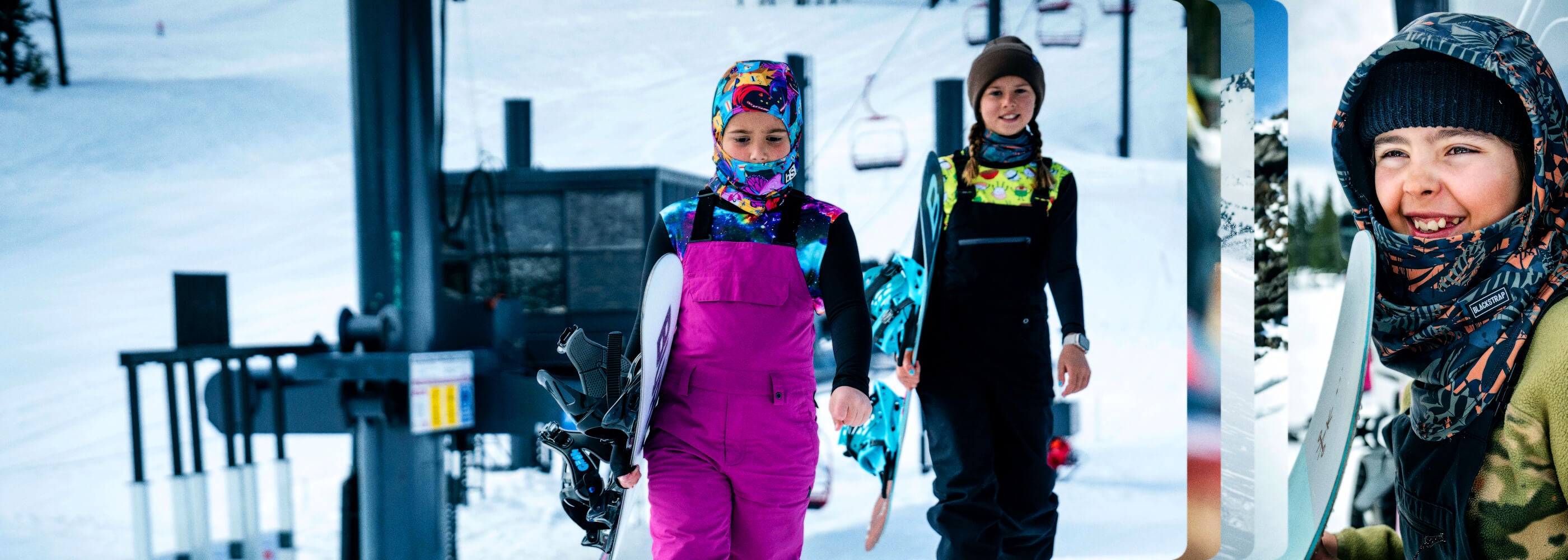 Two kids preparing for an awesome day up at the mountain in their blackStrap Facemasks and Base Layers.