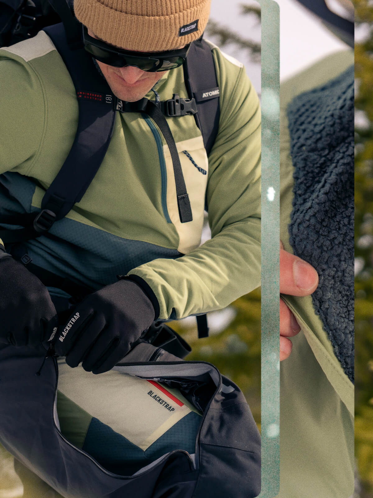 Man showing off the mid layer pants underneath his bibs