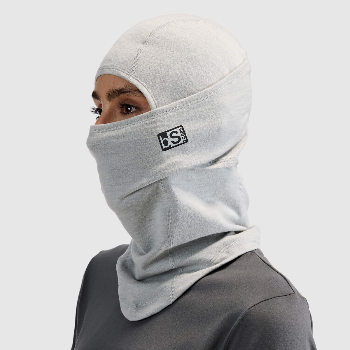 BlackStrap Merino Expedition Hood Balaclava worn as a full ski mask