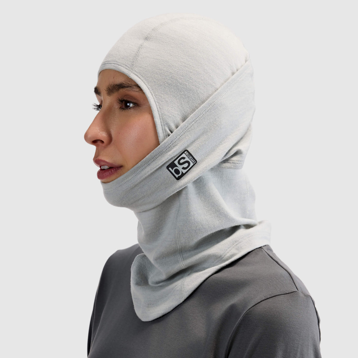 BlackStrap Merino Expedition Hood Balaclava worn with the ExoHinge down under the chin