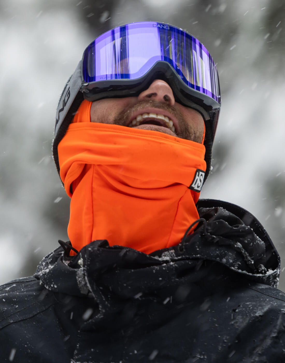 Snowboarder enjoying the snowflakes on a powder day in the BlackStrap Expedition Hood Balaclava