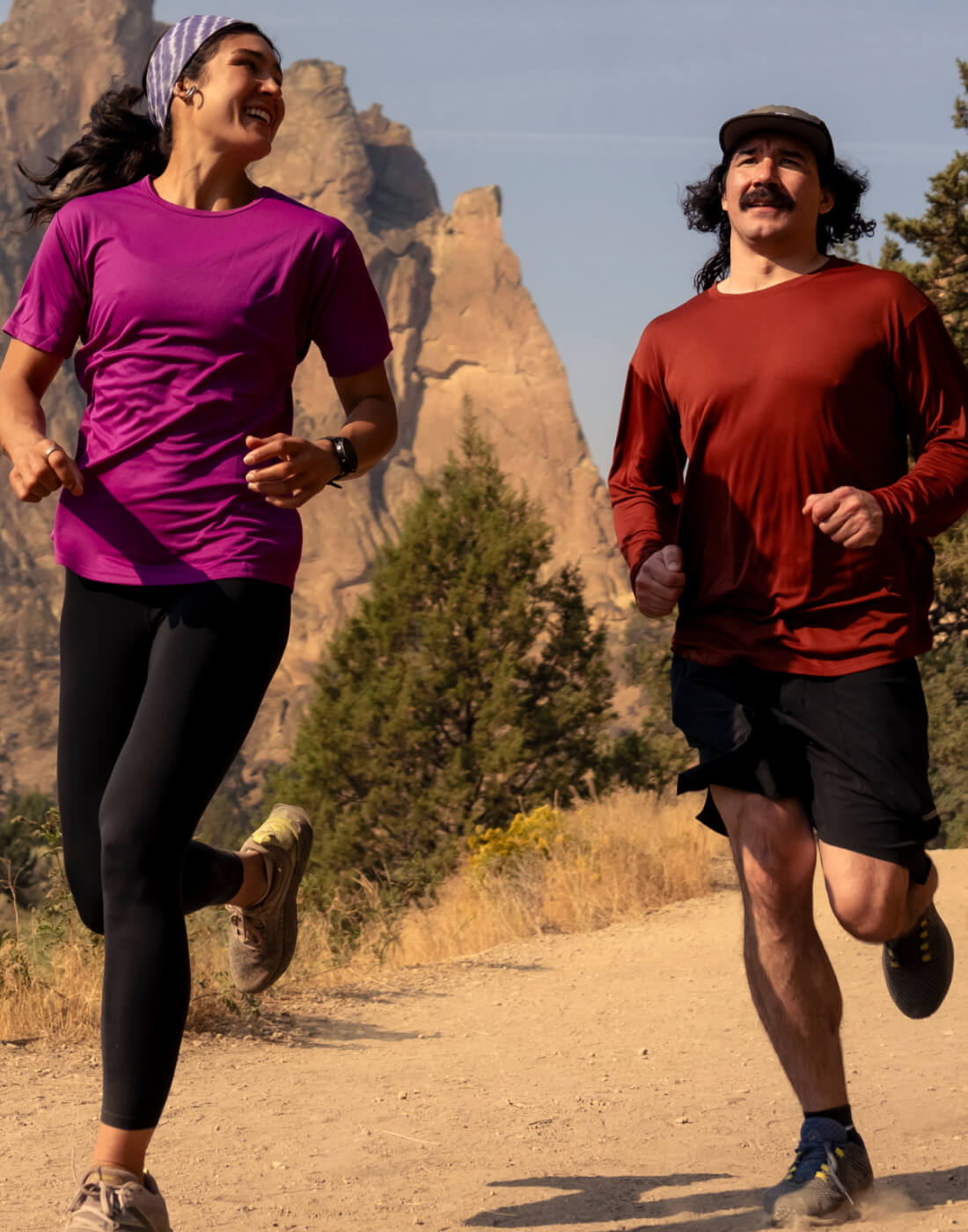 Jogging on the rigid trails staying cool in their BlackStrap voyage gear