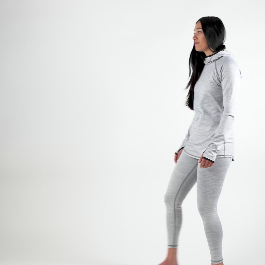 Modeling Women's Blackstrap Cloudchaser Base Layer Hoodie Hatched Snow #color_hatched snow