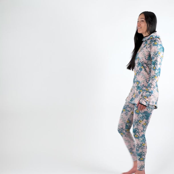 Modeling Women's Blackstrap Cloudchaser Base Layer Hoodie Floral Zen #color_floral-zen